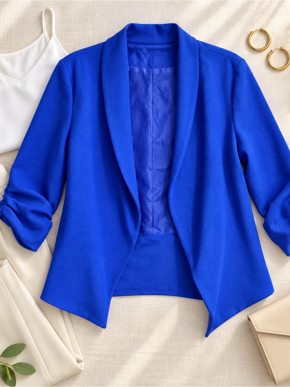 Lock & Love Cobalt Blue Open Front Blazer Medium Ruched 3/4 Sleeve Career